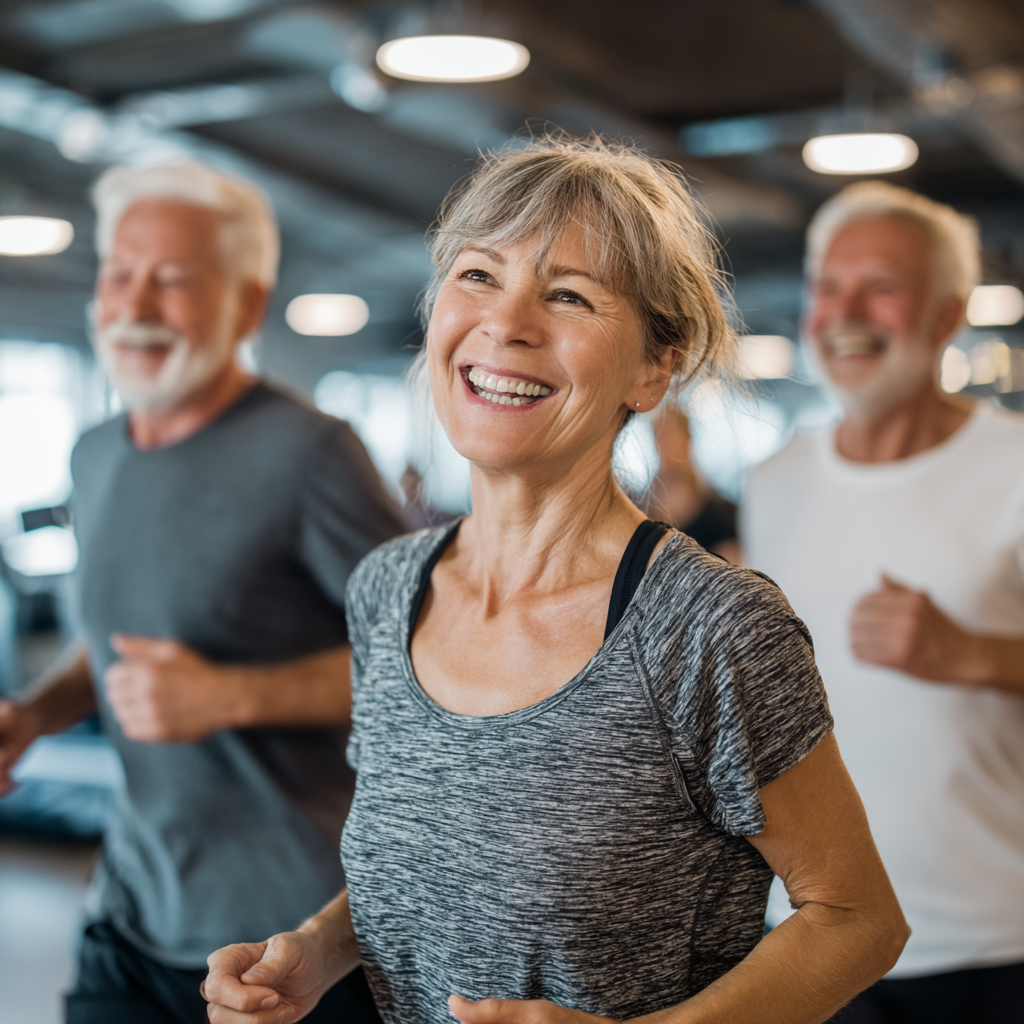 Group of mature adults enjoying fitness session together in bright gym