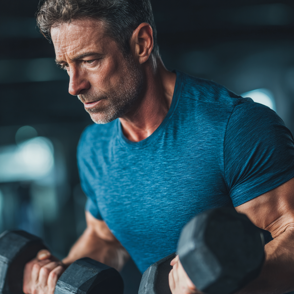 Middle-aged person doing strength training with focus and determination